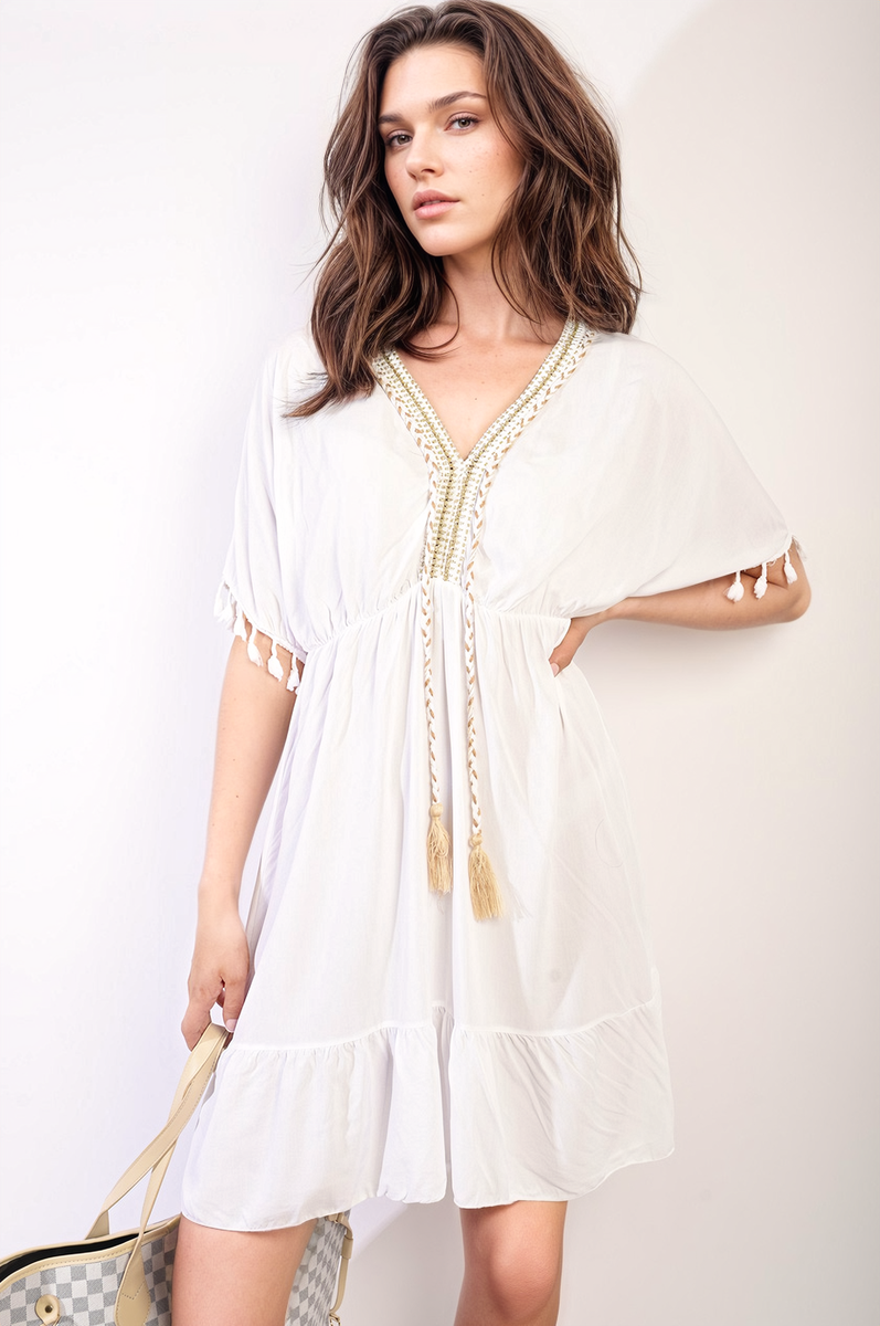 V-Neck Short Sleeve Midi Dress with Tassel Detail by Moda