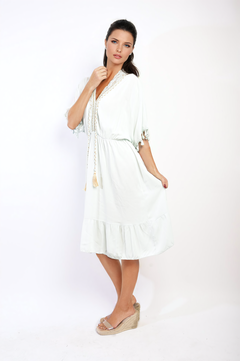V-Neck Short Sleeve Midi Dress with Tassel Detail by Moda