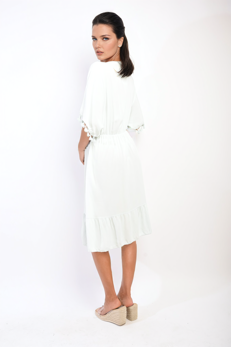 V-Neck Short Sleeve Midi Dress with Tassel Detail by Moda