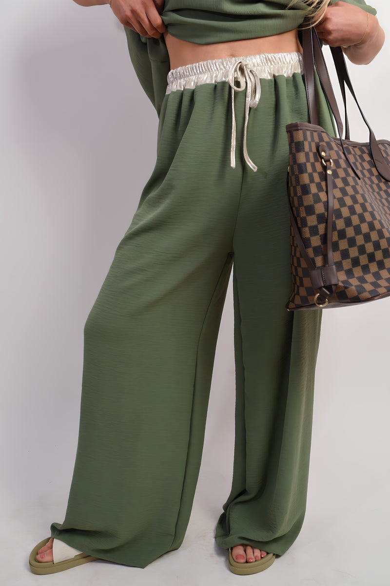 Drawstring Shiny Waist Wide Leg Trouser