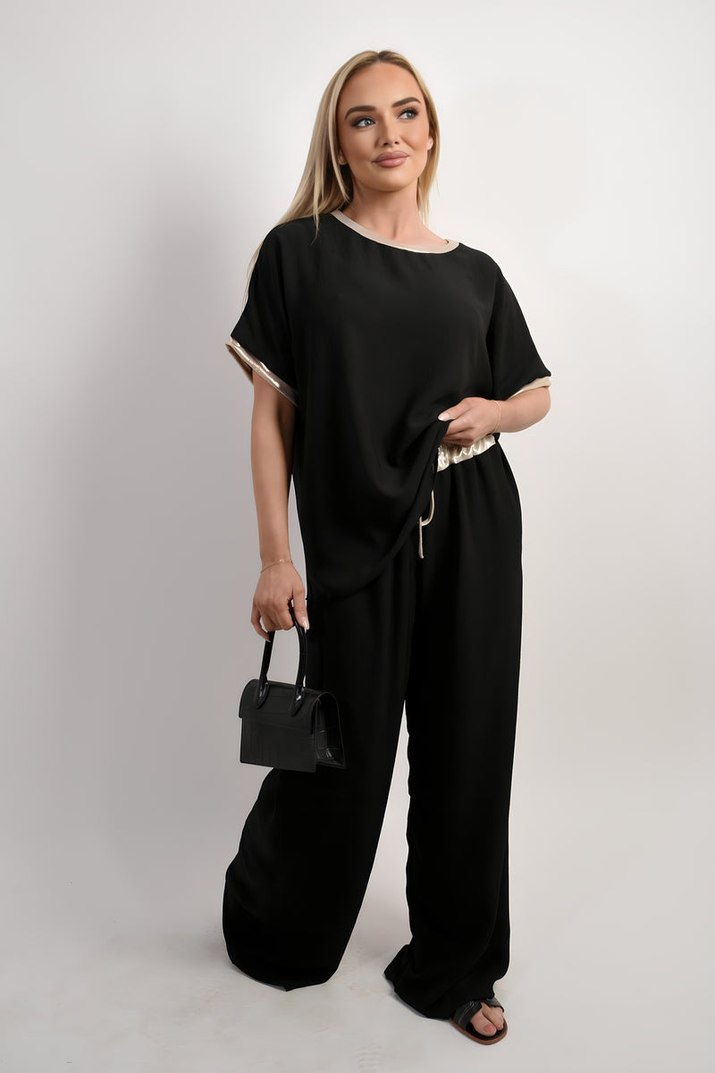 Drawstring Shiny Waist Wide Leg Trouser