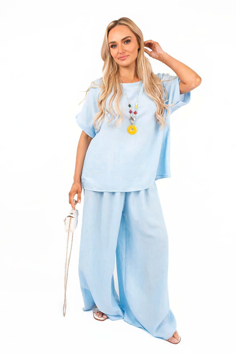 Loose Fit Short Sleeve Top and Wide Trousers Co-ord Set by Moda