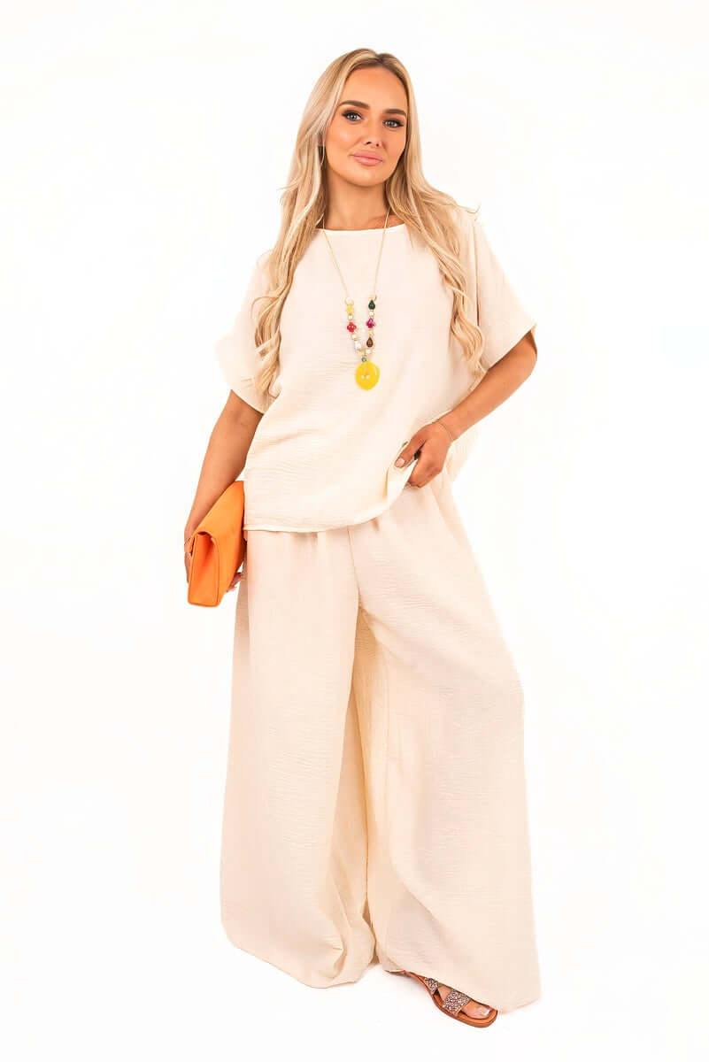 Loose Fit Short Sleeve Top and Wide Trousers Co-ord Set by Moda