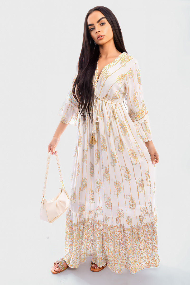 V-neck Tassel Detail Embellished Boho Maxi Dress