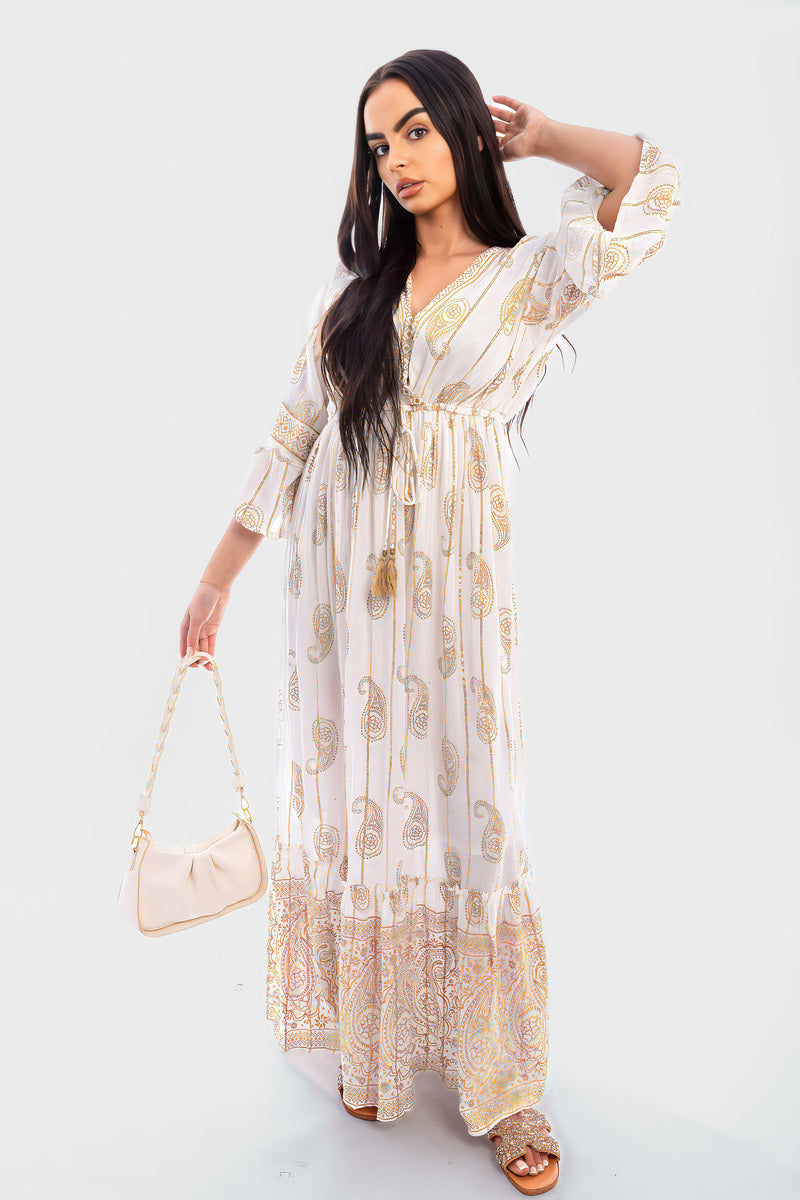 V-neck Tassel Detail Embellished Boho Maxi Dress