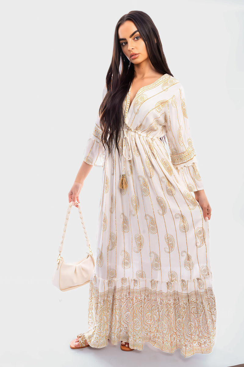 V-neck Tassel Detail Embellished Boho Maxi Dress