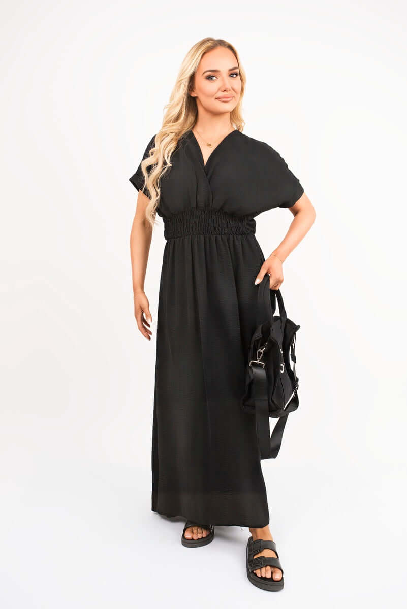 V Neck Short Sleeve Maxi Dress with Shirred Waist by Moda