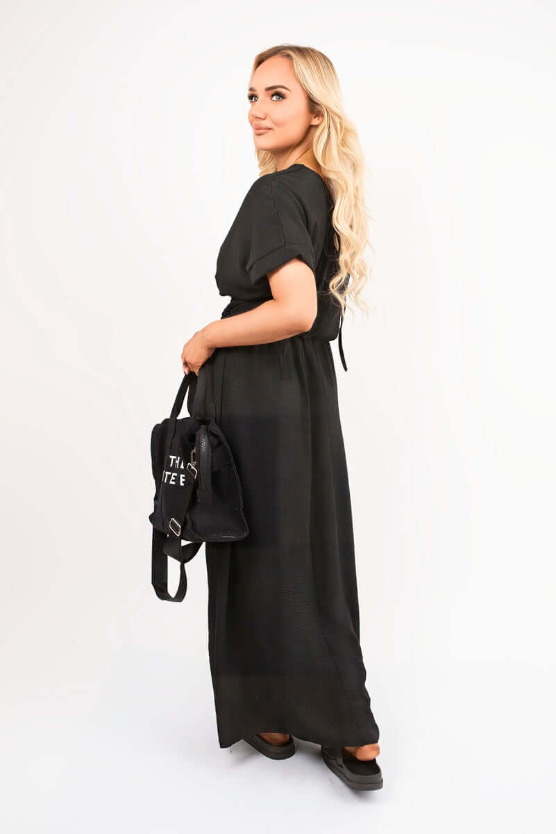 V Neck Short Sleeve Maxi Dress with Shirred Waist by Moda