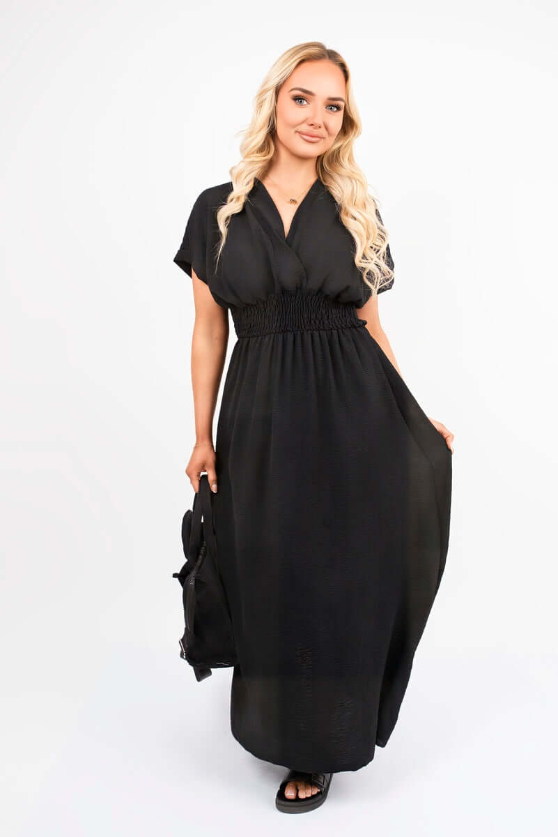 V Neck Short Sleeve Maxi Dress with Shirred Waist by Moda