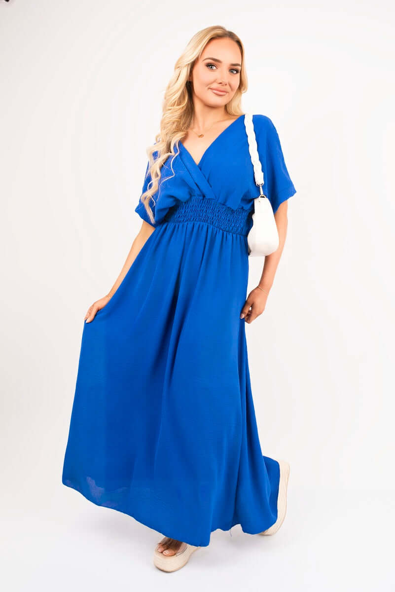 V Neck Short Sleeve Maxi Dress with Shirred Waist by Moda