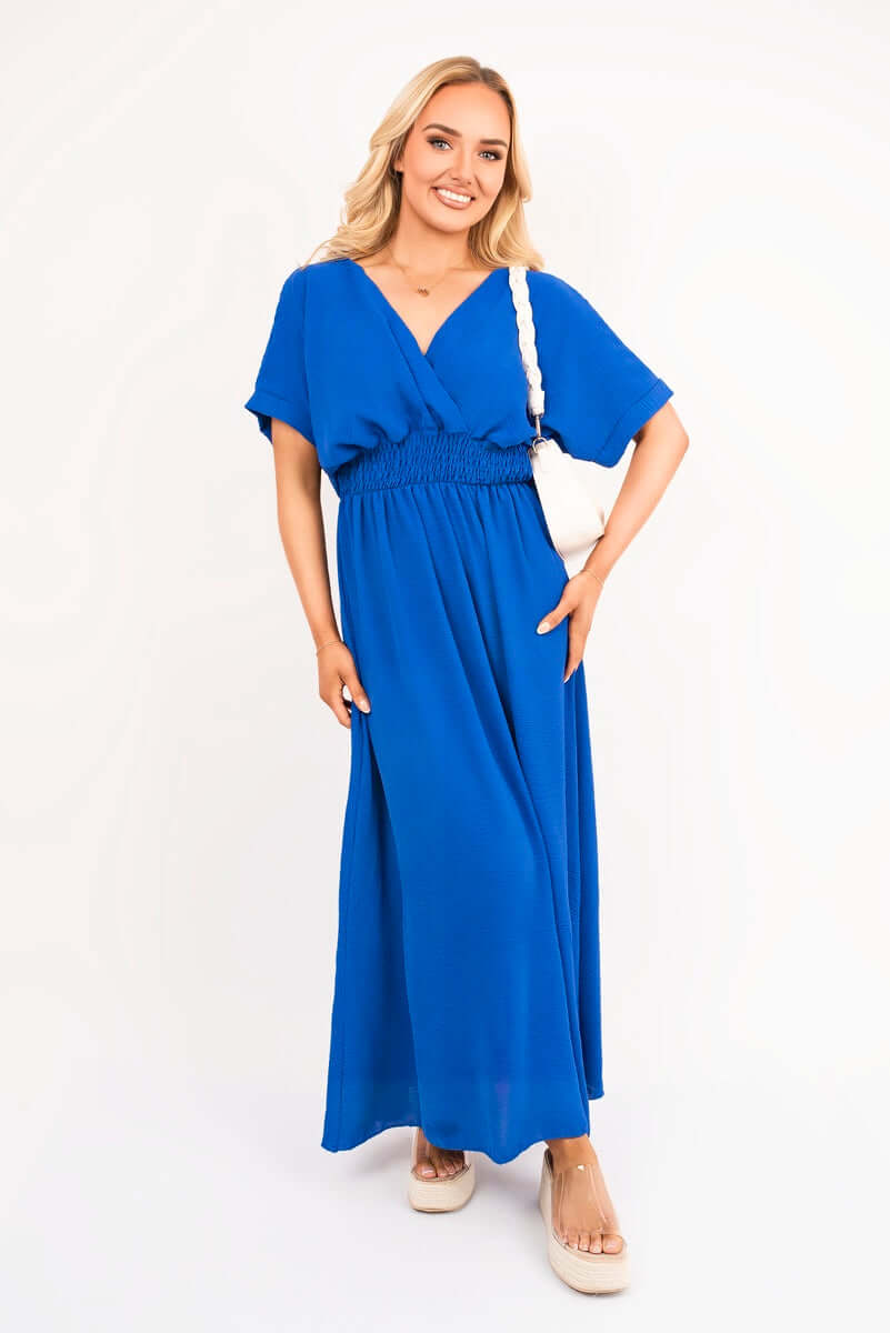 V Neck Short Sleeve Maxi Dress with Shirred Waist by Moda