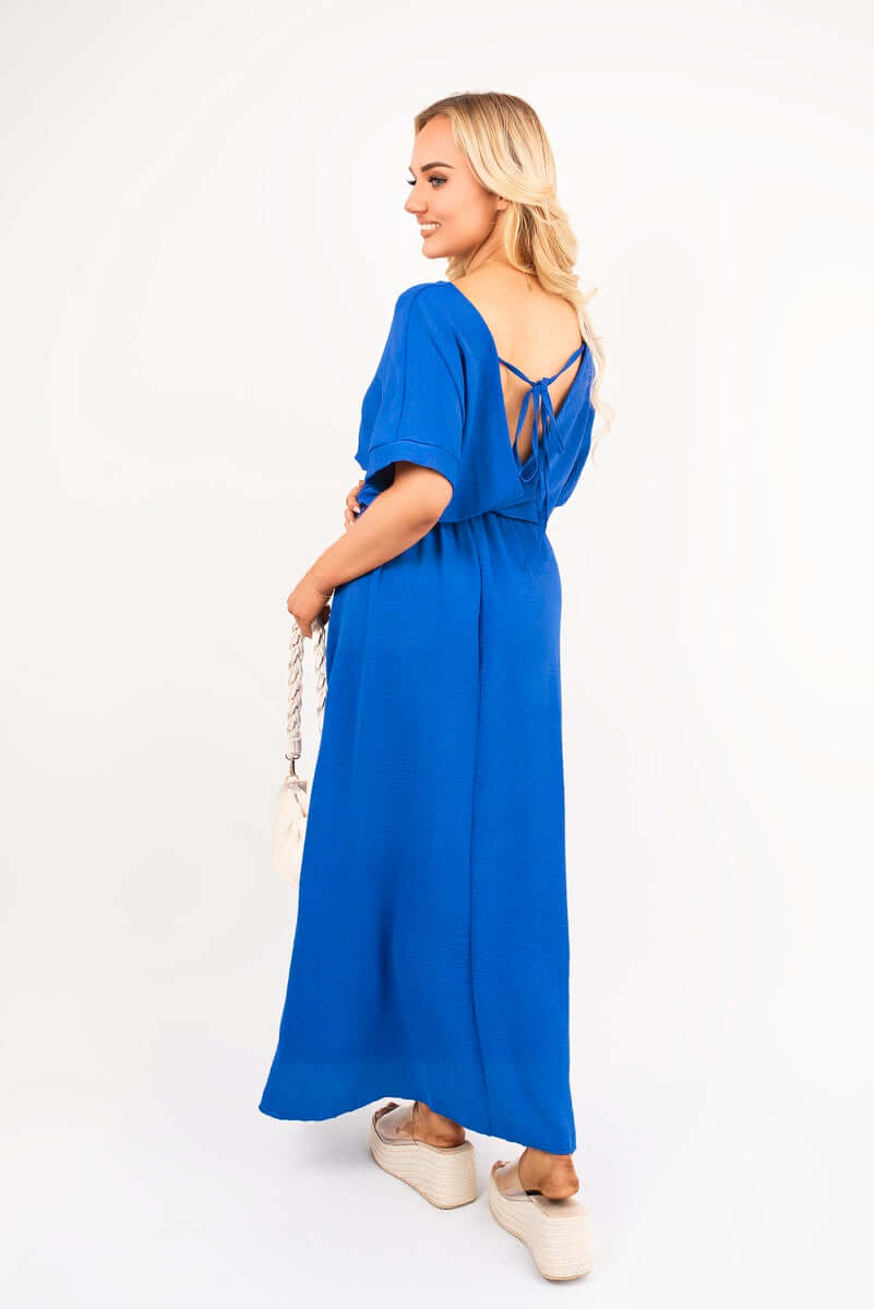 V Neck Short Sleeve Maxi Dress with Shirred Waist by Moda