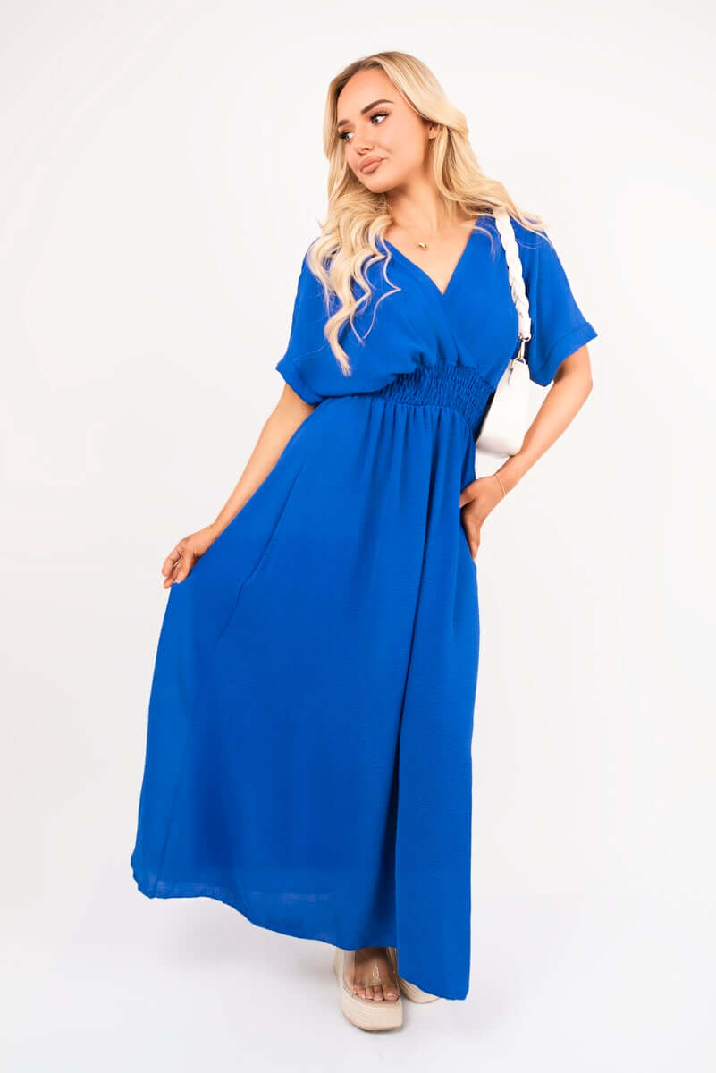 V Neck Short Sleeve Maxi Dress with Shirred Waist by Moda