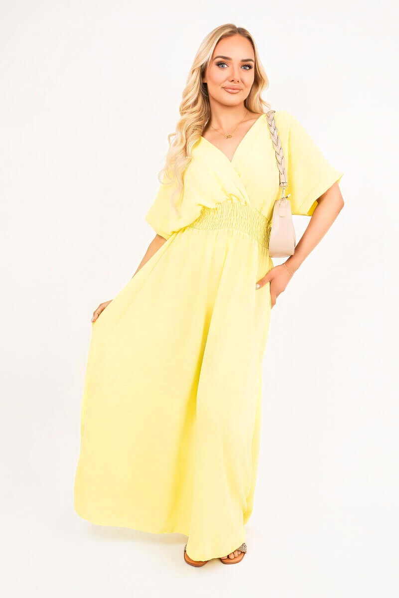 V Neck Short Sleeve Maxi Dress with Shirred Waist by Moda