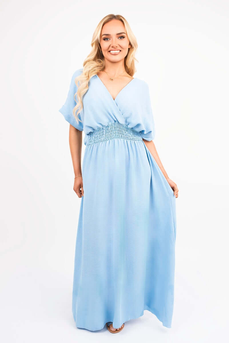 V Neck Short Sleeve Maxi Dress with Shirred Waist by Moda