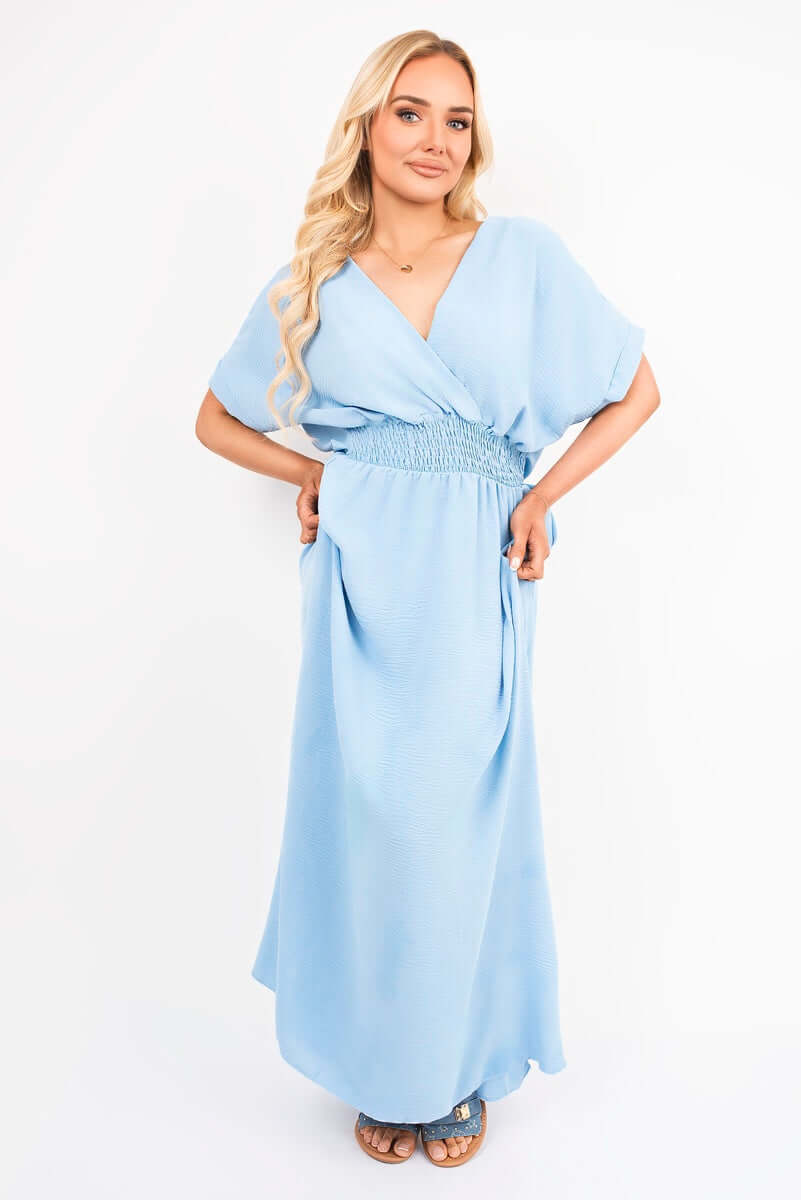 V Neck Short Sleeve Maxi Dress with Shirred Waist by Moda