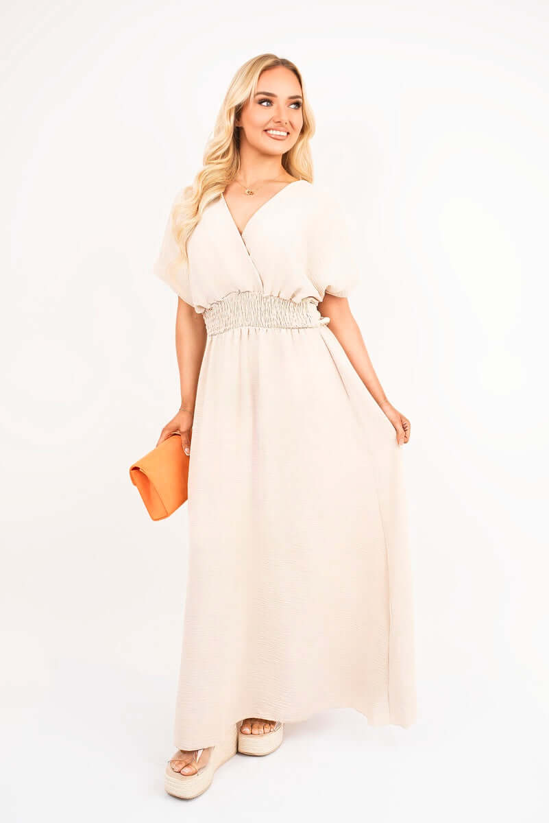 V Neck Short Sleeve Maxi Dress with Shirred Waist by Moda