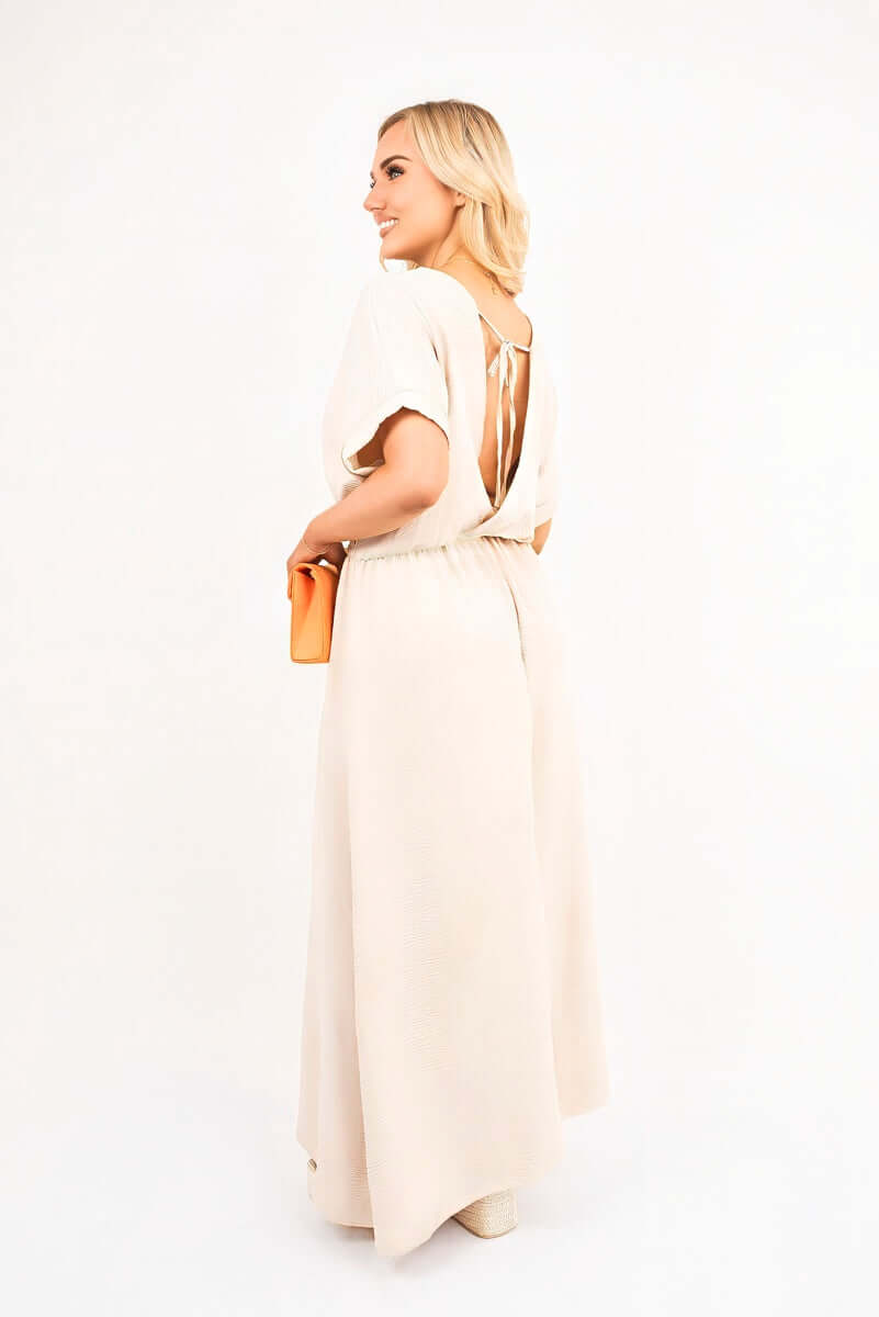 V Neck Short Sleeve Maxi Dress with Shirred Waist by Moda