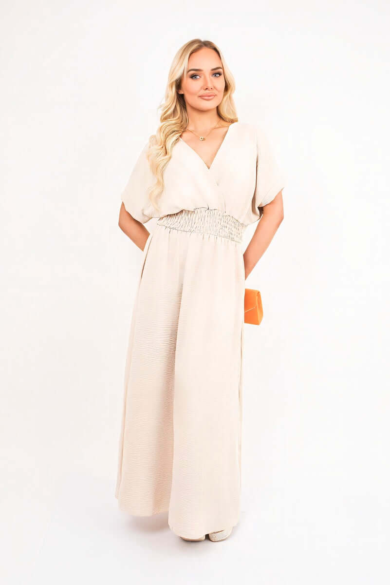 V Neck Short Sleeve Maxi Dress with Shirred Waist by Moda
