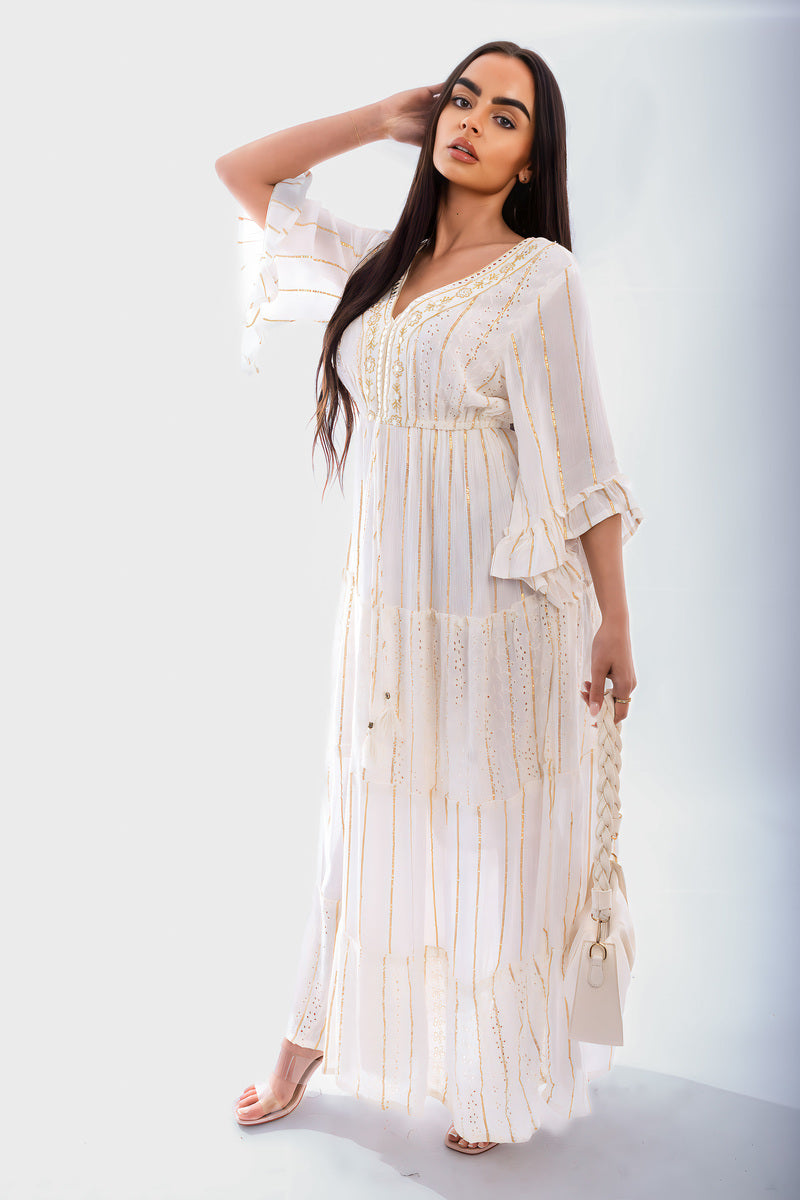 Embellished Boho Flounce Sleeve Maxi Dress