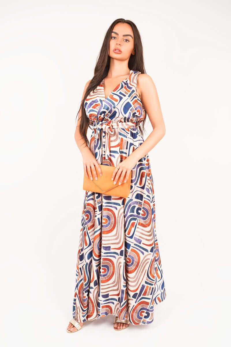 V Neck Sleeveless Maxi Dress with Tie Waist by Moda