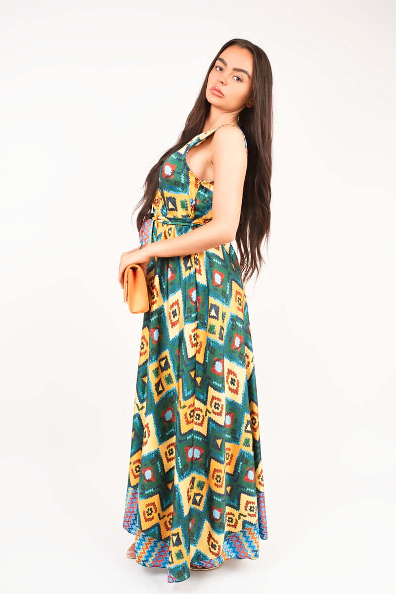 V Neck Sleeveless Maxi Dress with Tie Waist by Moda