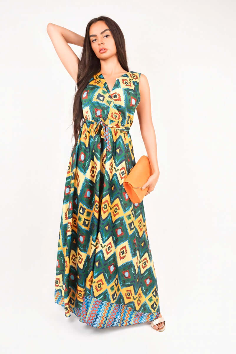 V Neck Sleeveless Maxi Dress with Tie Waist by Moda