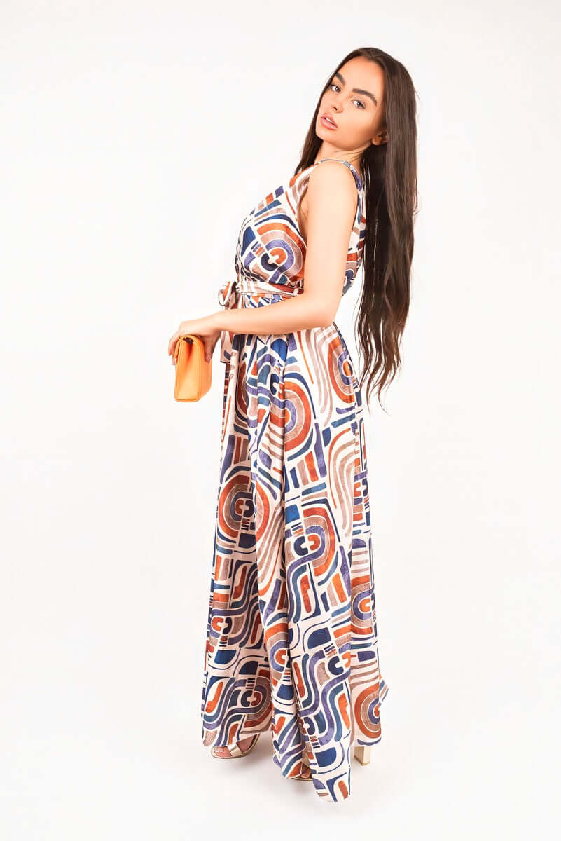 V Neck Sleeveless Maxi Dress with Tie Waist by Moda