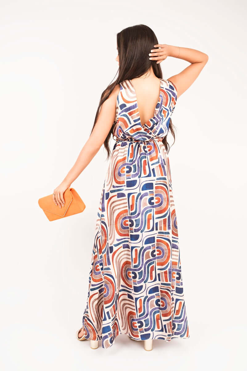V Neck Sleeveless Maxi Dress with Tie Waist by Moda