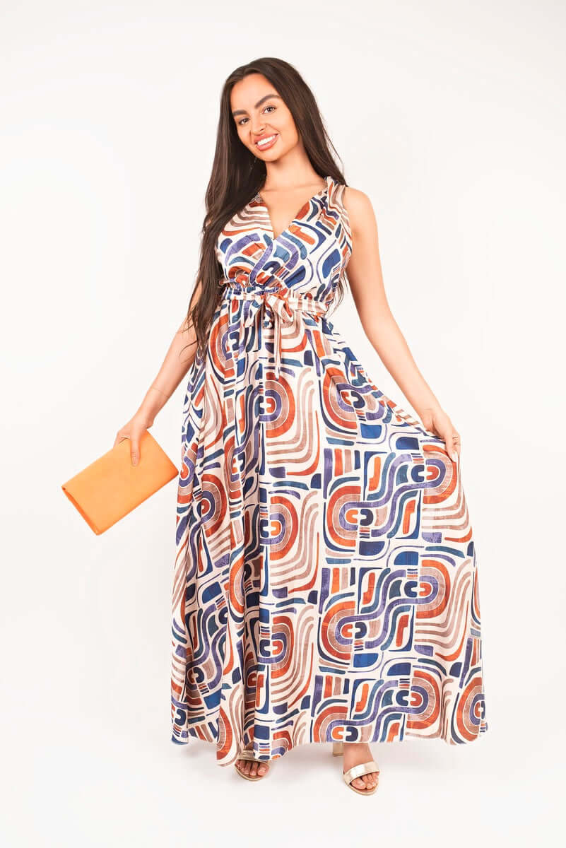 V Neck Sleeveless Maxi Dress with Tie Waist by Moda