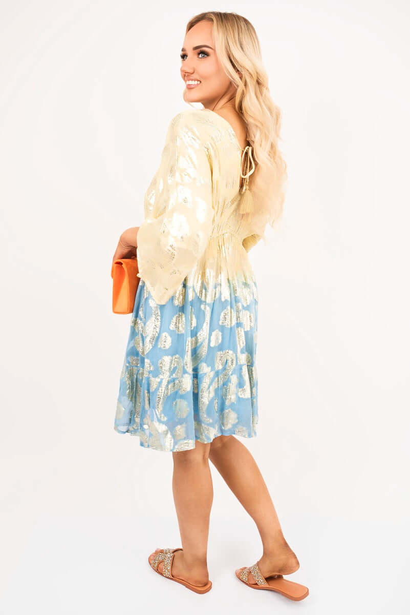 V Neck Long Sleeve Mini Dress with Metallic Tassel Detail by Moda