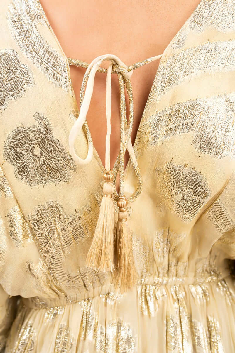 V Neck Long Sleeve Mini Dress with Metallic Tassel Detail by Moda