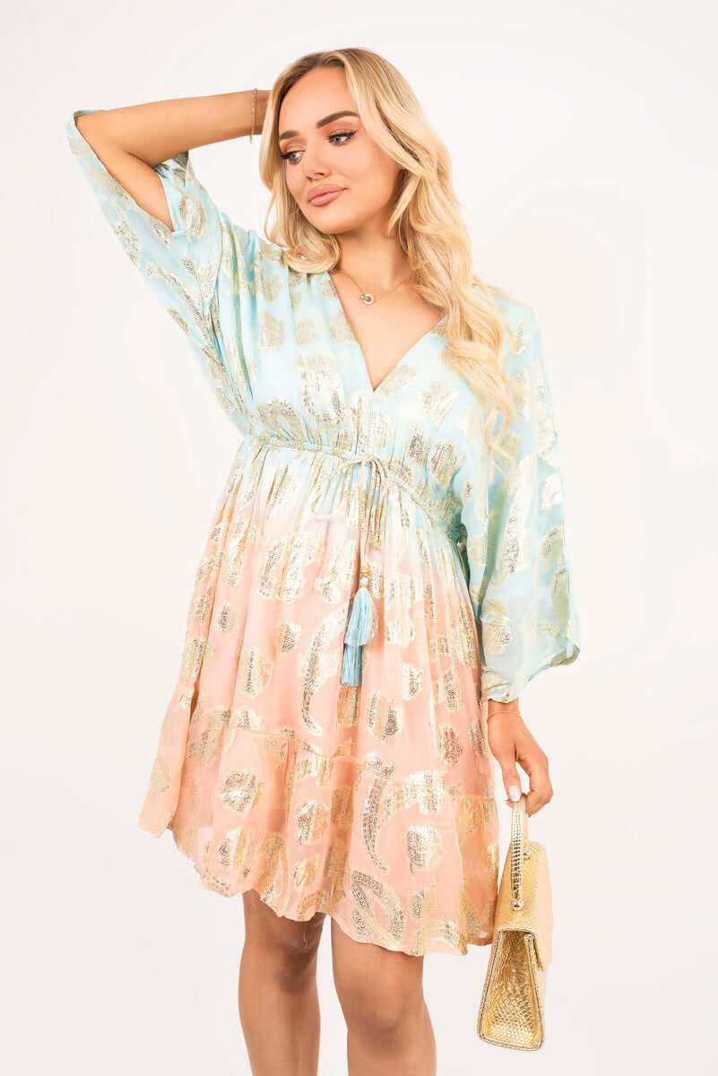 V Neck Long Sleeve Mini Dress with Metallic Tassel Detail by Moda