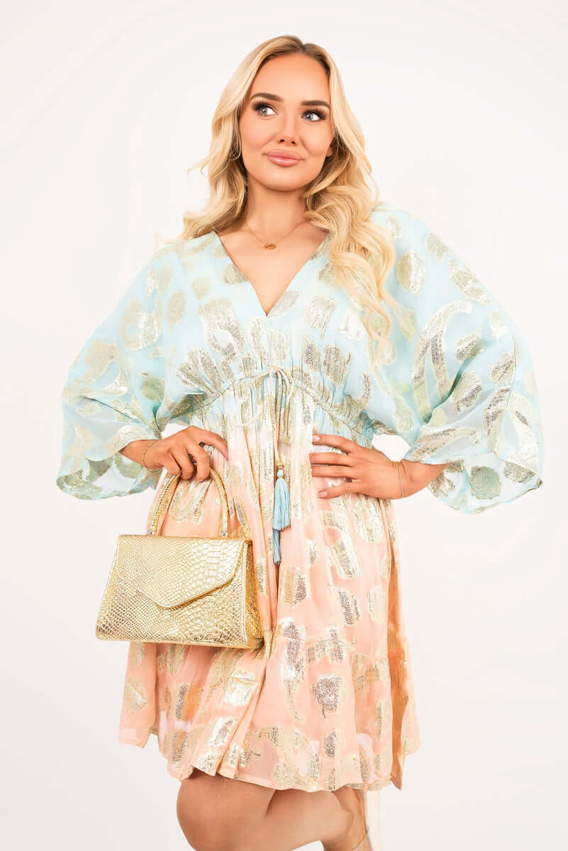 V Neck Long Sleeve Mini Dress with Metallic Tassel Detail by Moda