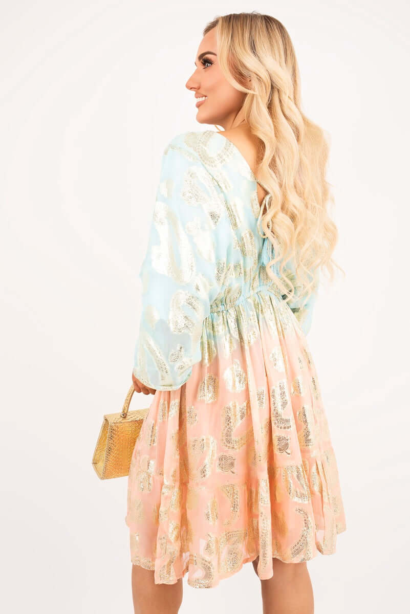 V Neck Long Sleeve Mini Dress with Metallic Tassel Detail by Moda