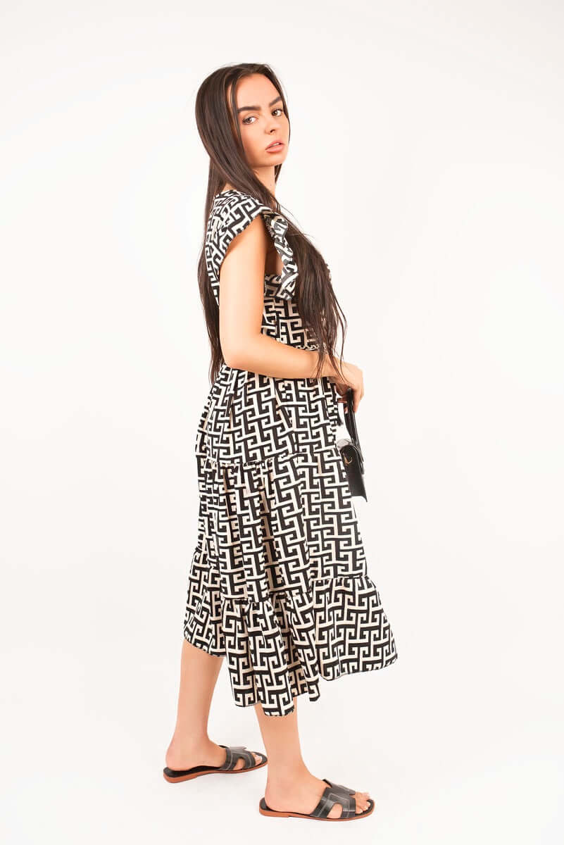 Printed Short Sleeve Tiered Midi Dress with Waist Tie by Moda