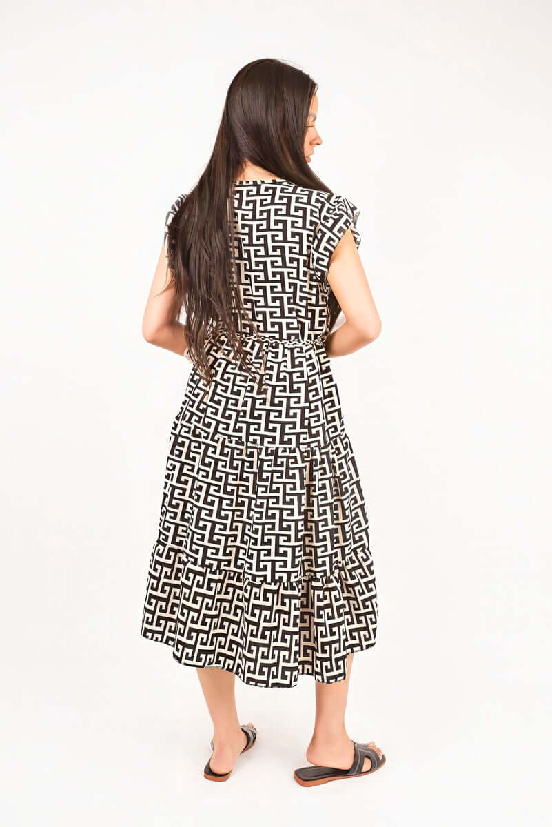 Printed Short Sleeve Tiered Midi Dress with Waist Tie by Moda