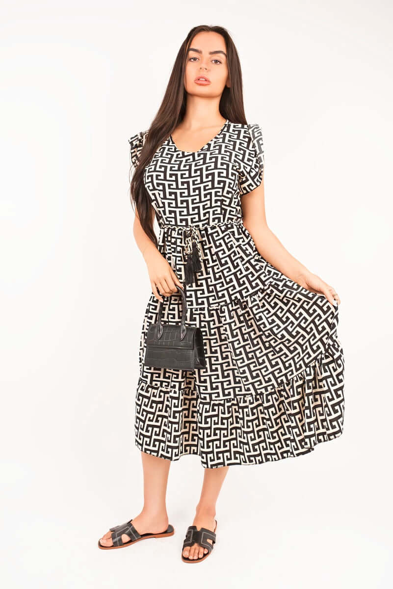 Printed Short Sleeve Tiered Midi Dress with Waist Tie by Moda