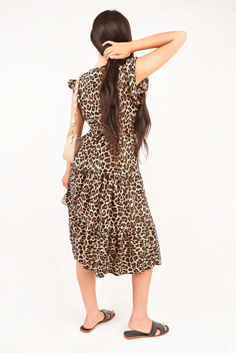Printed Short Sleeve Tiered Midi Dress with Waist Tie by Moda