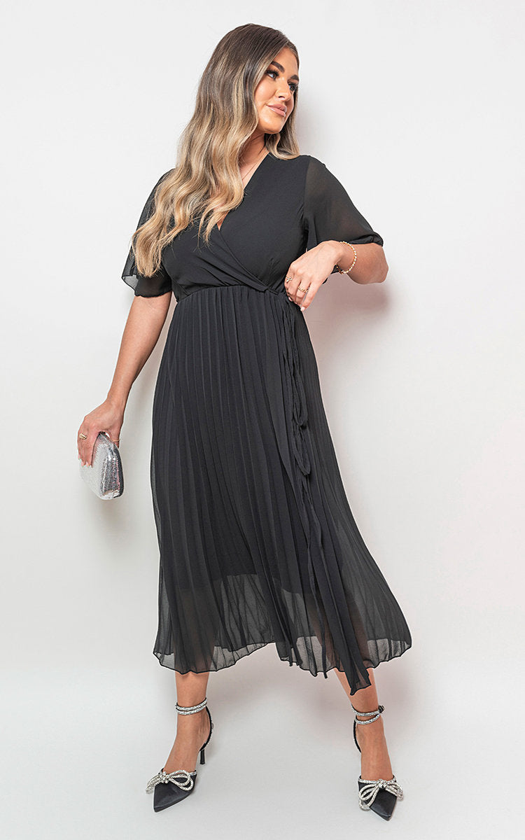 Pleated Wrap Front Maxi Dress by Moda