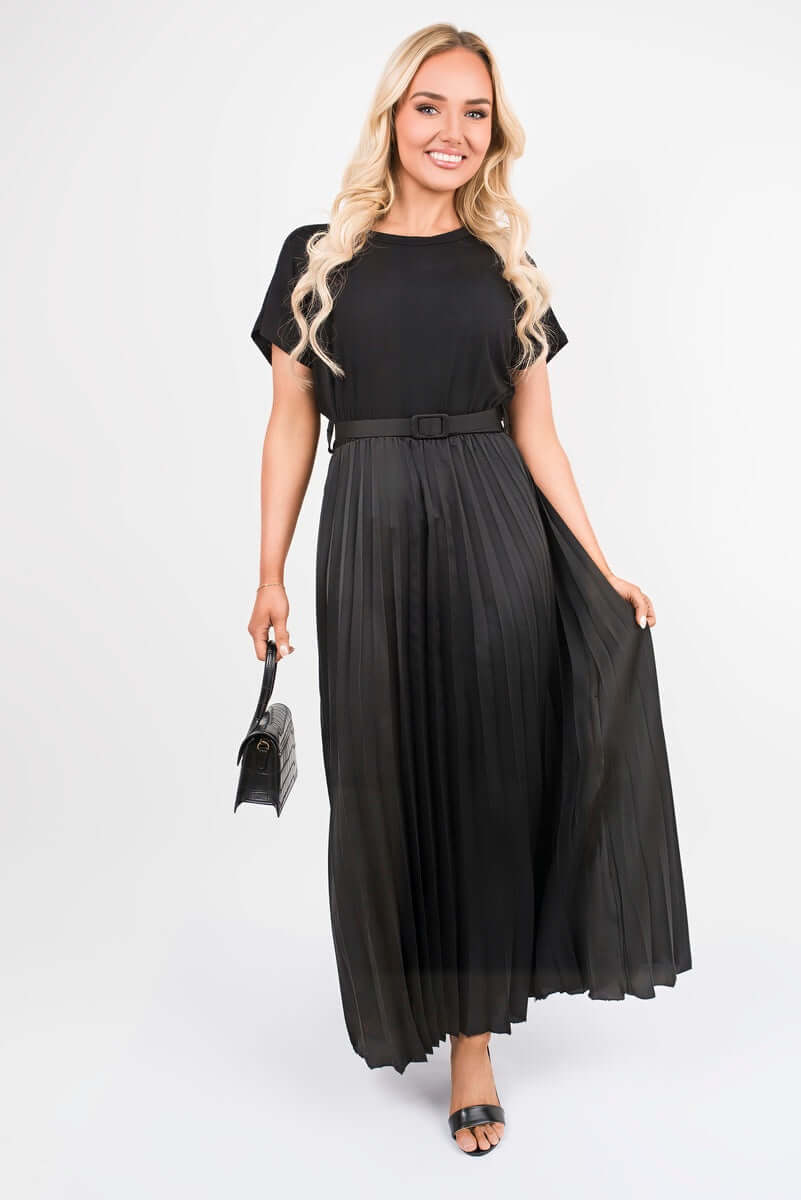 Belted Short Sleeve Pleated Midi Dress by Moda