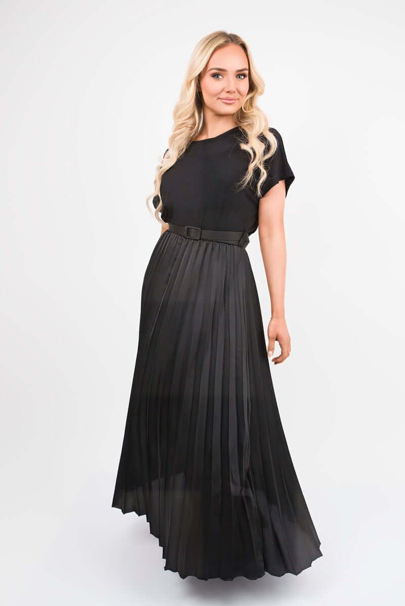 Belted Short Sleeve Pleated Midi Dress by Moda