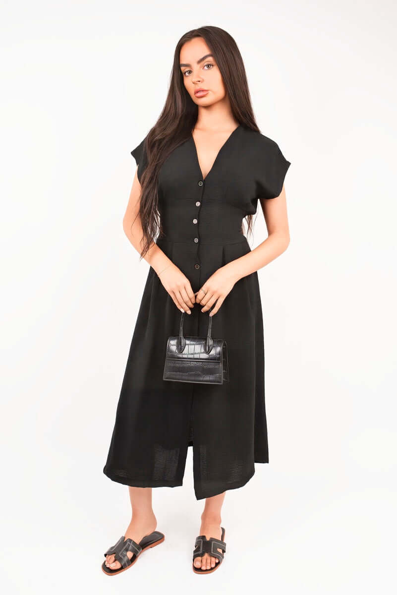 Button Down Cap Sleeve Midi Dress by Moda
