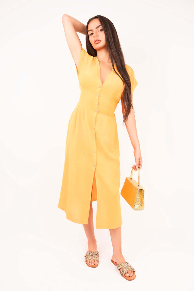 Button Down Cap Sleeve Midi Dress by Moda