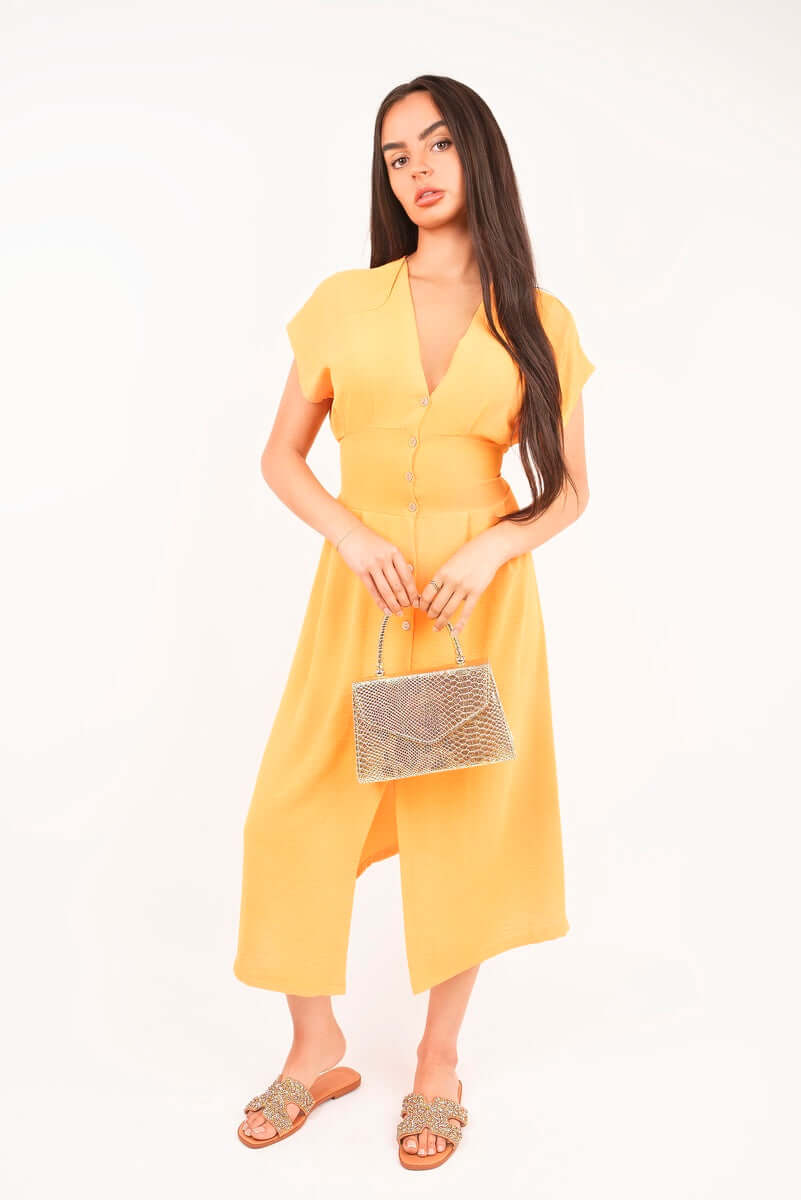 Button Down Cap Sleeve Midi Dress by Moda