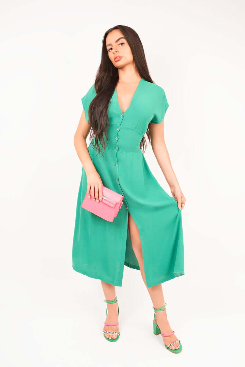Button Down Cap Sleeve Midi Dress by Moda