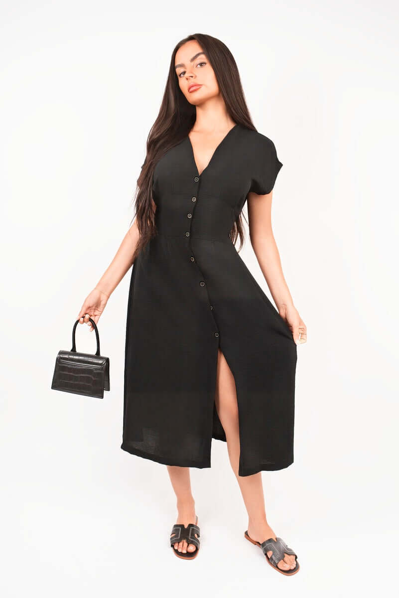 Button Down Cap Sleeve Midi Dress by Moda