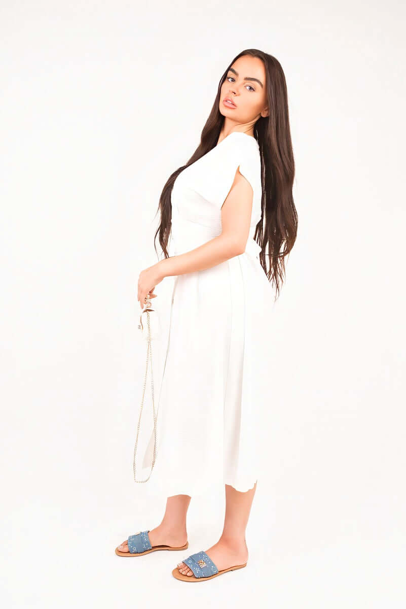 Button Down Cap Sleeve Midi Dress by Moda