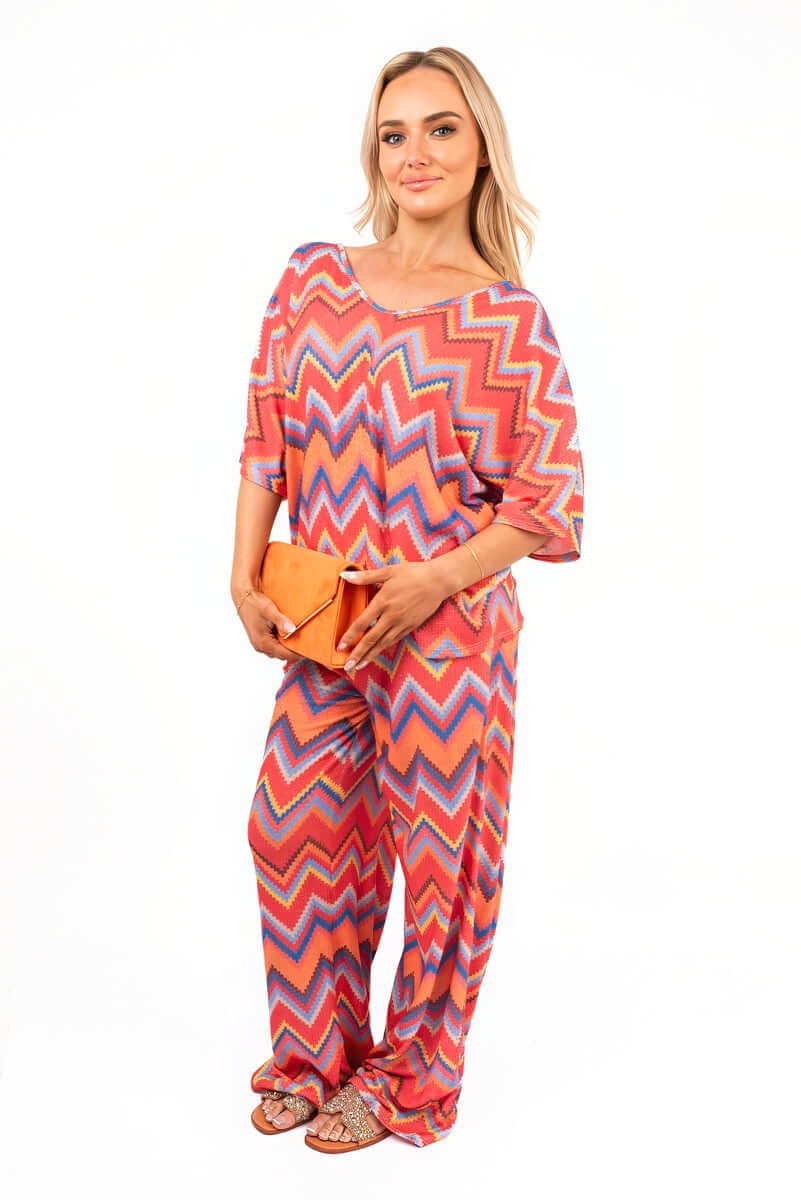 Zigzag Print Top and Wide Leg Trousers Co-ord Set by Moda