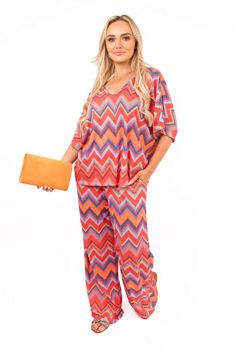 Zigzag Print Top and Wide Leg Trousers Co-ord Set by Moda